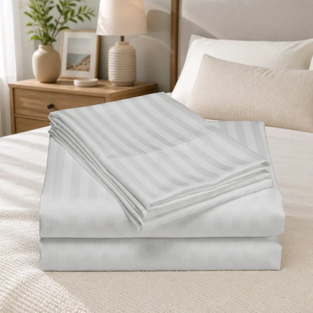 Sheet Set Queen Damask Stripe 1200 Thread Count Sateen Bed Sheets Pillowcases