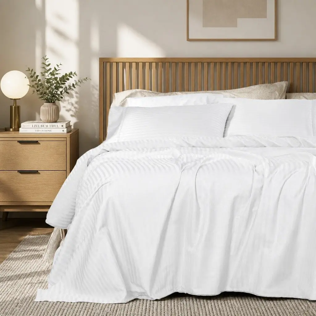 King Sheet Set Sateen Damask Stripe 1200 Thread Count Cotton Blend White