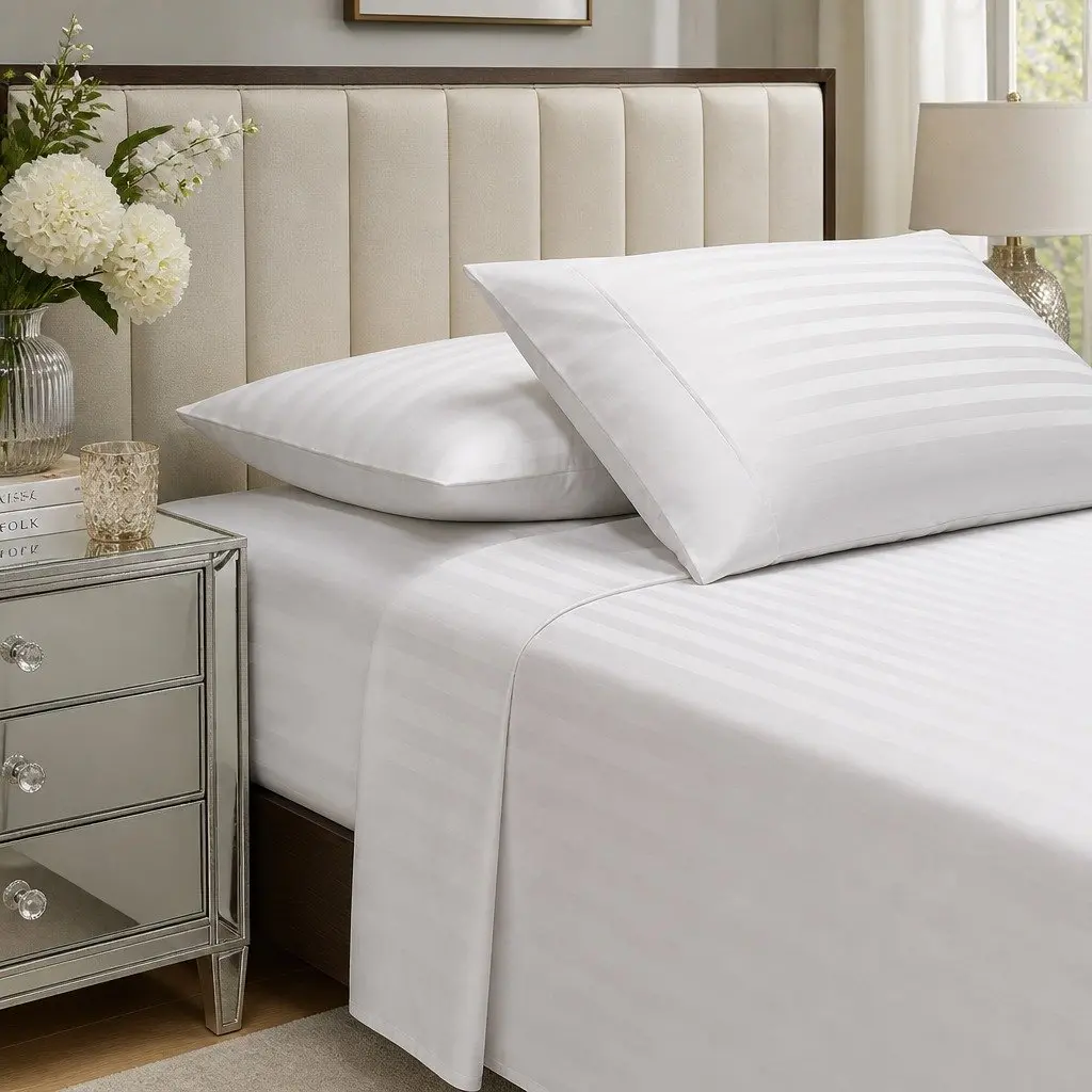 King Sheet Set Sateen Damask Stripe 1200 Thread Count Cotton Blend White