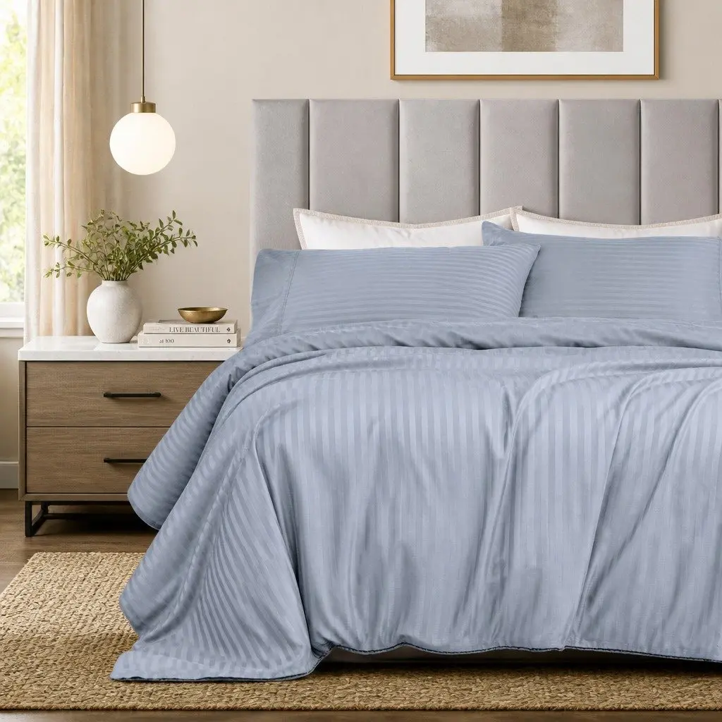 1200 Thread Count Cotton Blend Sheet Set King Blue Fog Damask Stripe Sateen