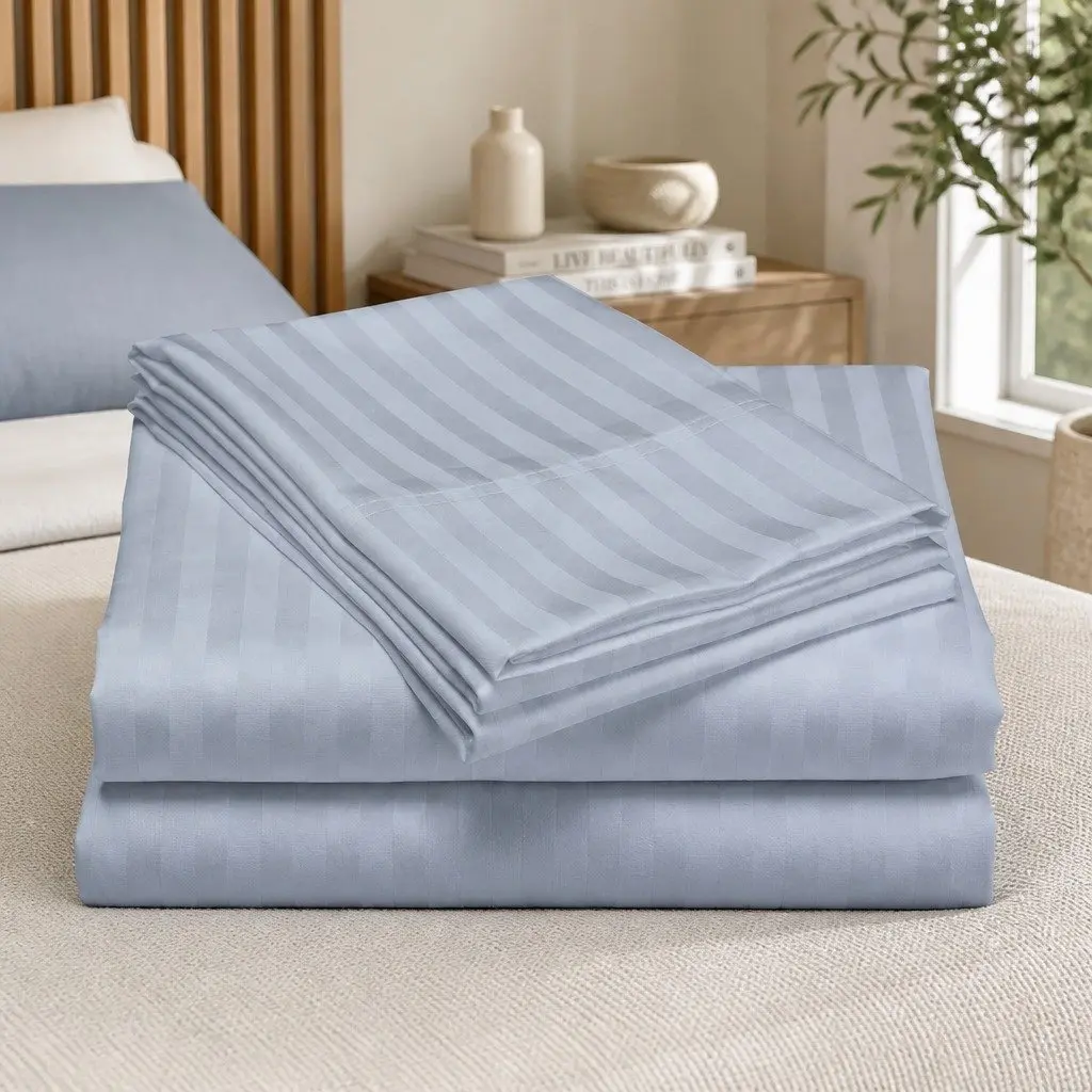 1200 Thread Count Cotton Blend Sheet Set King Blue Fog Damask Stripe Sateen