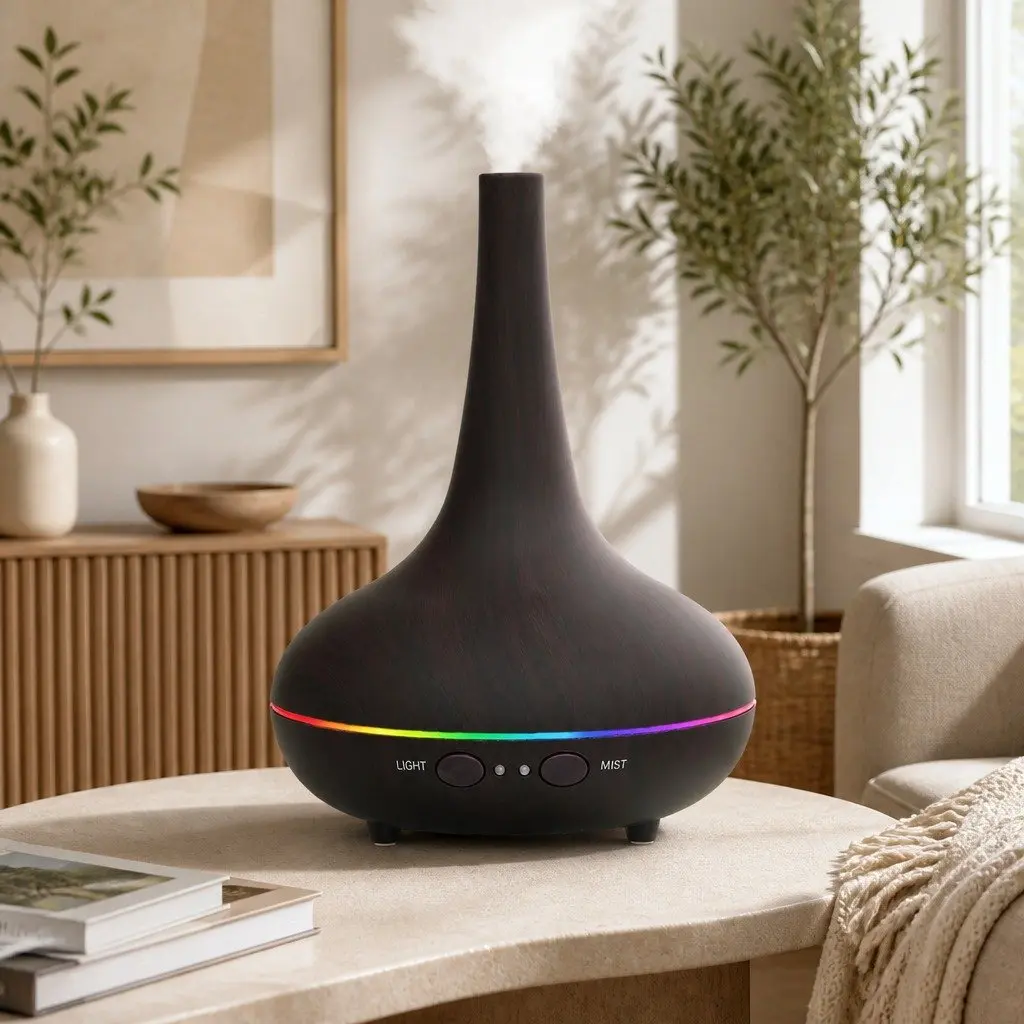 Ultrasonic Humidifier Aroma Diffuser 200ml Dark Wood Grain LED Mood Lights