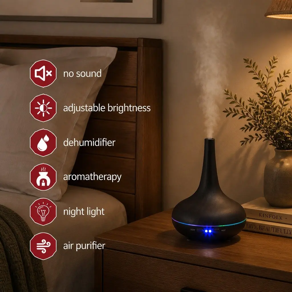 Ultrasonic Humidifier Aroma Diffuser 200ml Dark Wood Grain LED Mood Lights