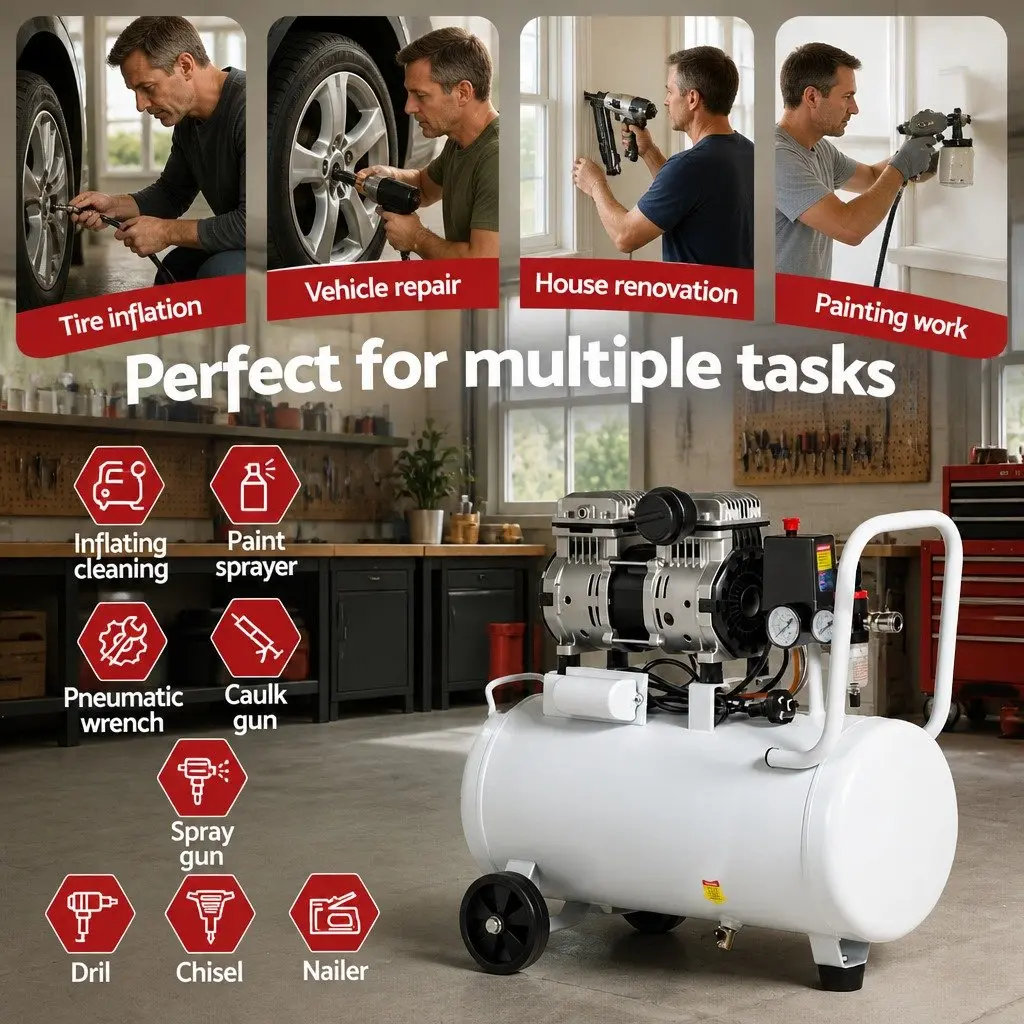 30L Oil-Free Air Compressor Portable Quiet Tyre Inflator 40L/Min 0.75HP White