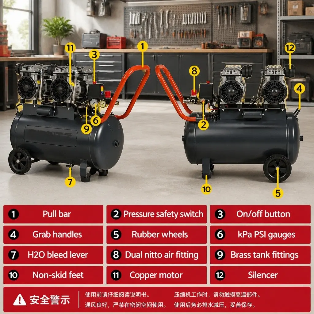 50L Air Compressor 3.0HP Oil-Free Portable Tyre Inflator Quiet 200L/Min Spray