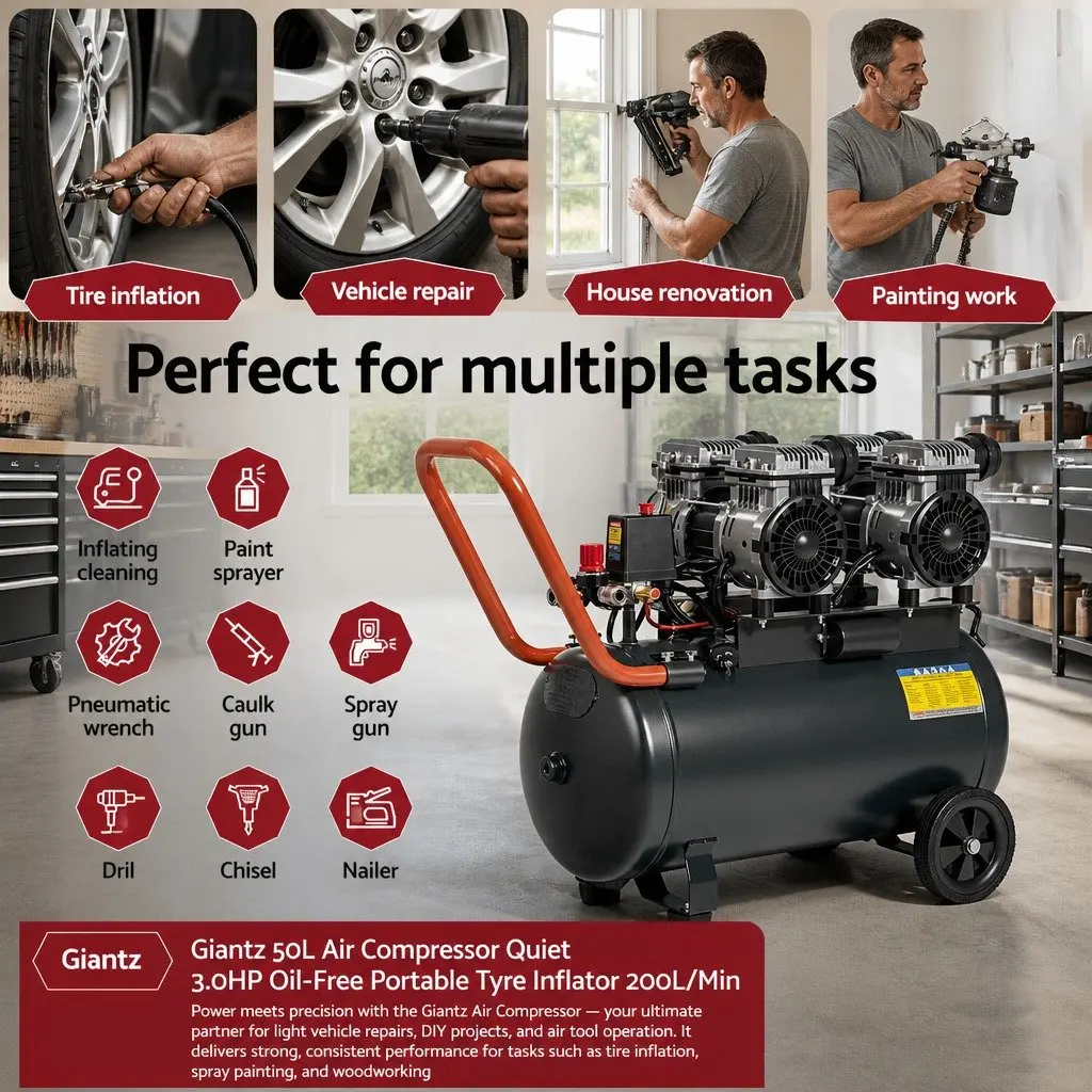 50L Air Compressor 3.0HP Oil-Free Portable Tyre Inflator Quiet 200L/Min Spray