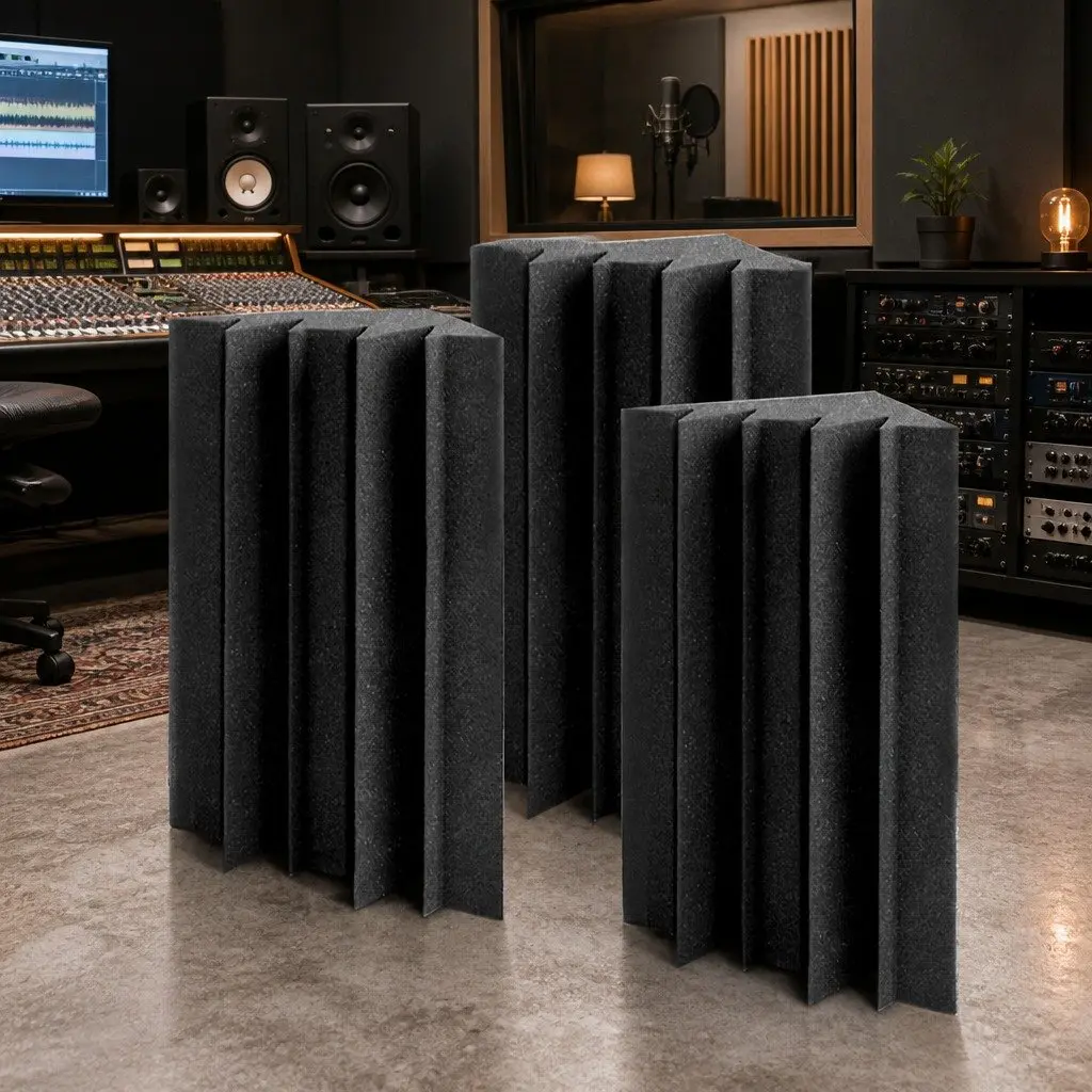 Acoustic Foam Black Corner Bass Trap High Density Soundproofing Tiles 12cm x 17cm x 24cm 60 Pieces
