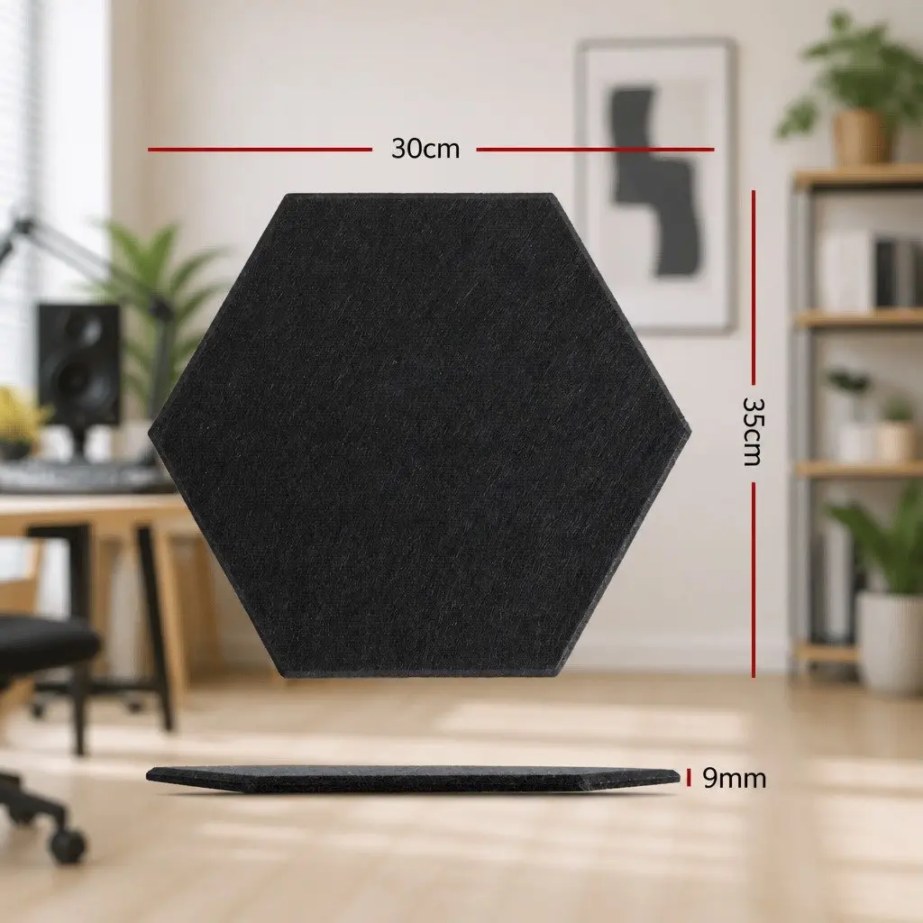 Acoustic Foam Soundproofing Tiles Hexagonal Panels 35cm x 30cm x 0.9cm Black 12 Piece