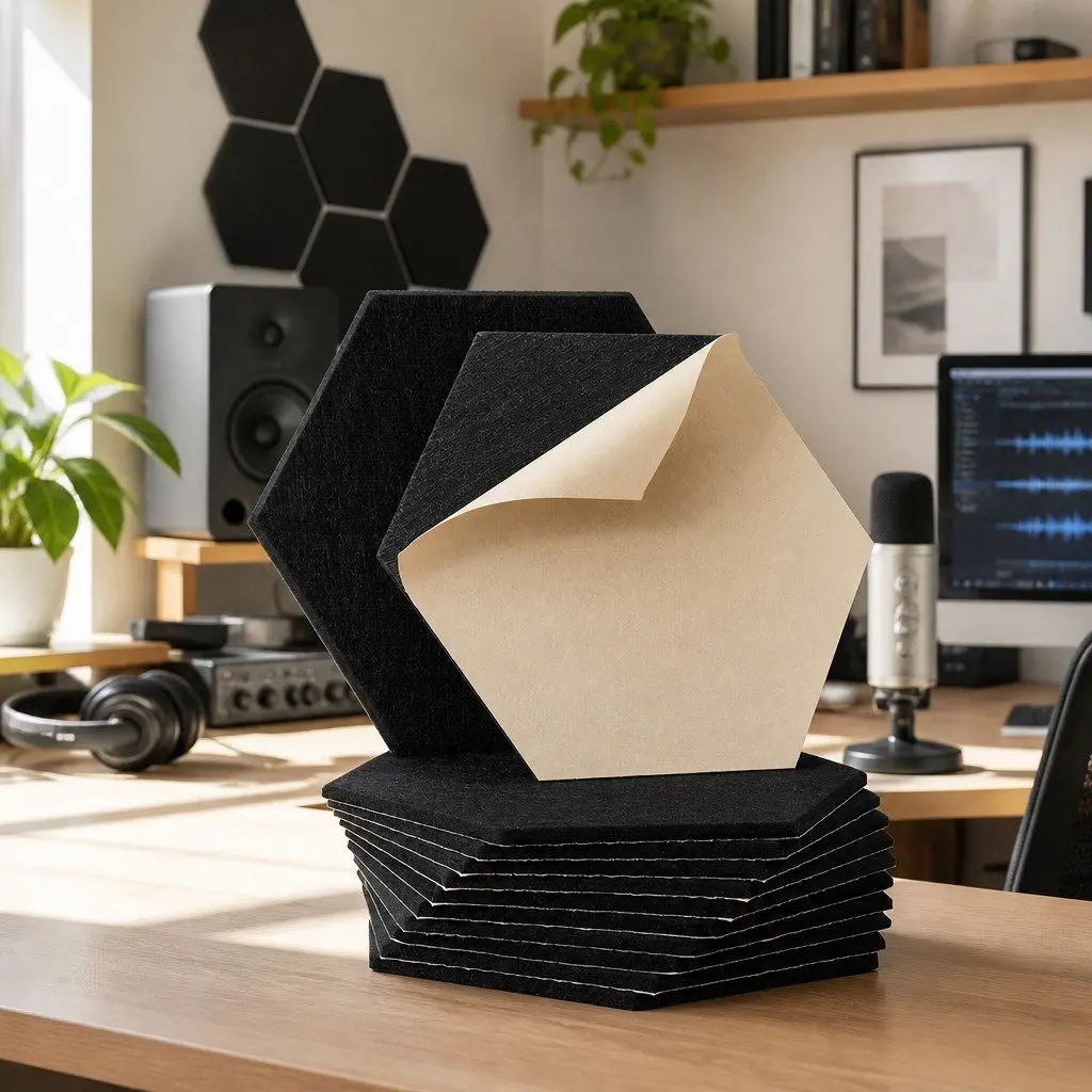 Acoustic Foam Soundproofing Tiles Hexagonal Panels 35cm x 30cm x 0.9cm Black 12 Piece