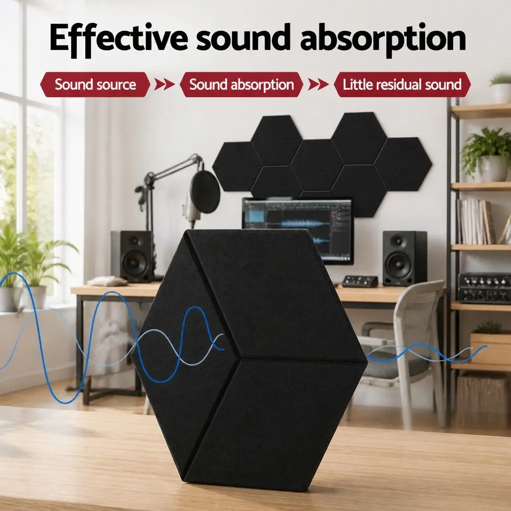 Acoustic Foam Soundproofing Tiles Hexagonal Panels 35cm x 30cm x 0.9cm Black 12 Piece