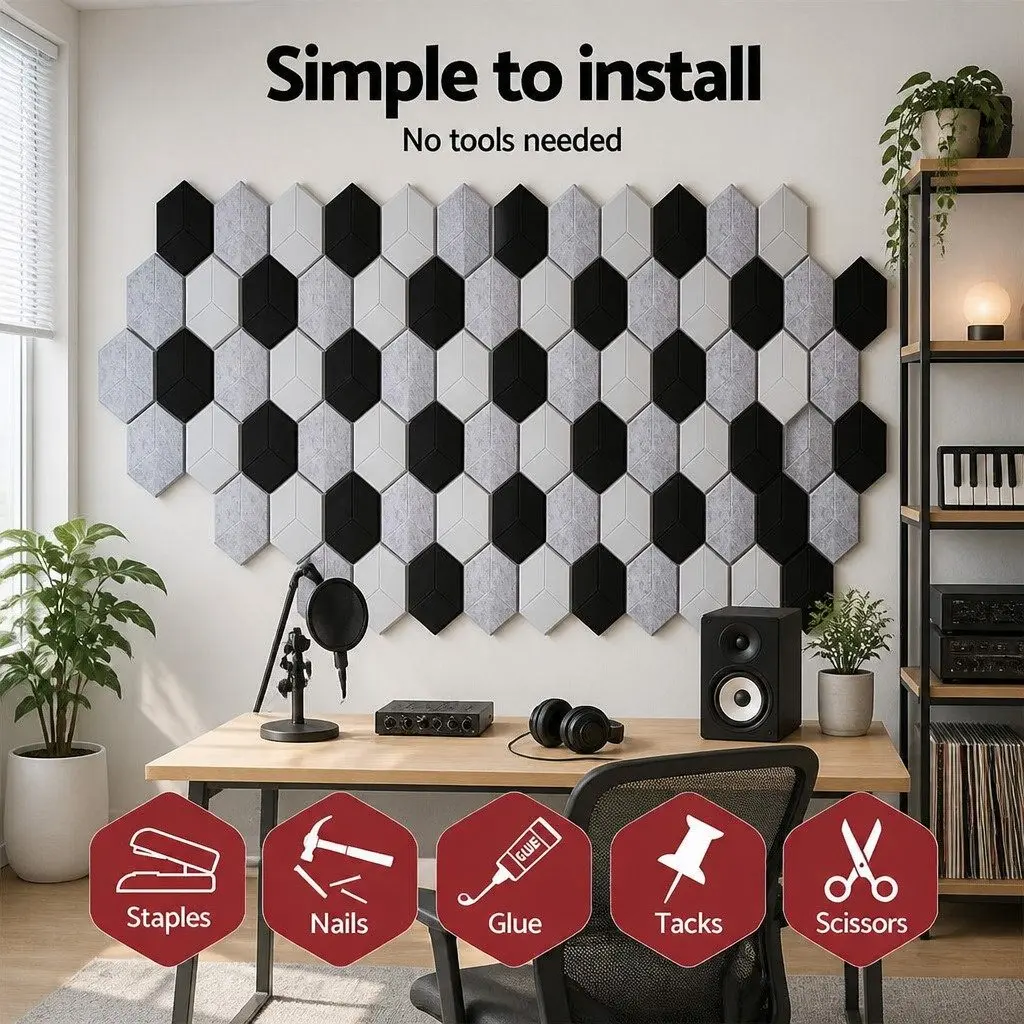 Acoustic Foam Soundproofing Tiles Hexagonal Panels 35cm x 30cm x 0.9cm Black 12 Piece