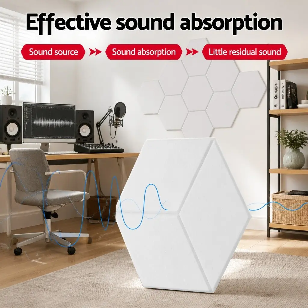 Acoustic Foam Soundproof Panels Hexagonal Tiles 35cm x 30cm x 0.9cm White