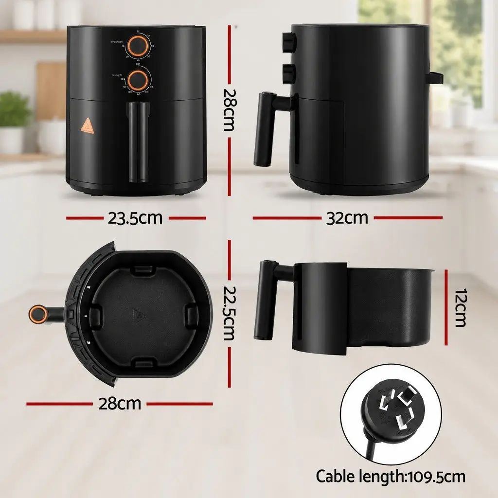 Air Fryer Rotary Knob Control 4L Capacity Black 1500W Kitchen Cooking Appliance