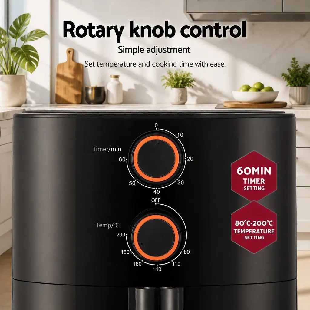 Air Fryer Rotary Knob Control 4L Capacity Black 1500W Kitchen Cooking Appliance