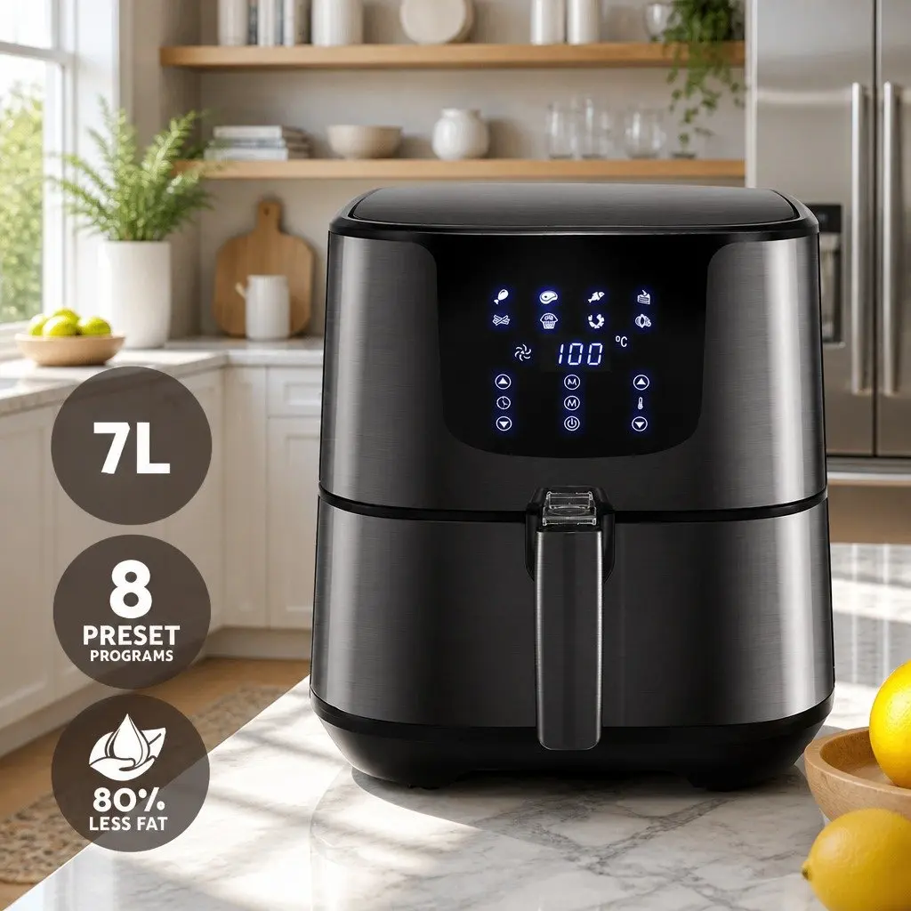 Air Fryer 7L Stainless Steel LCD Touch Control Black Kitchen Cooking