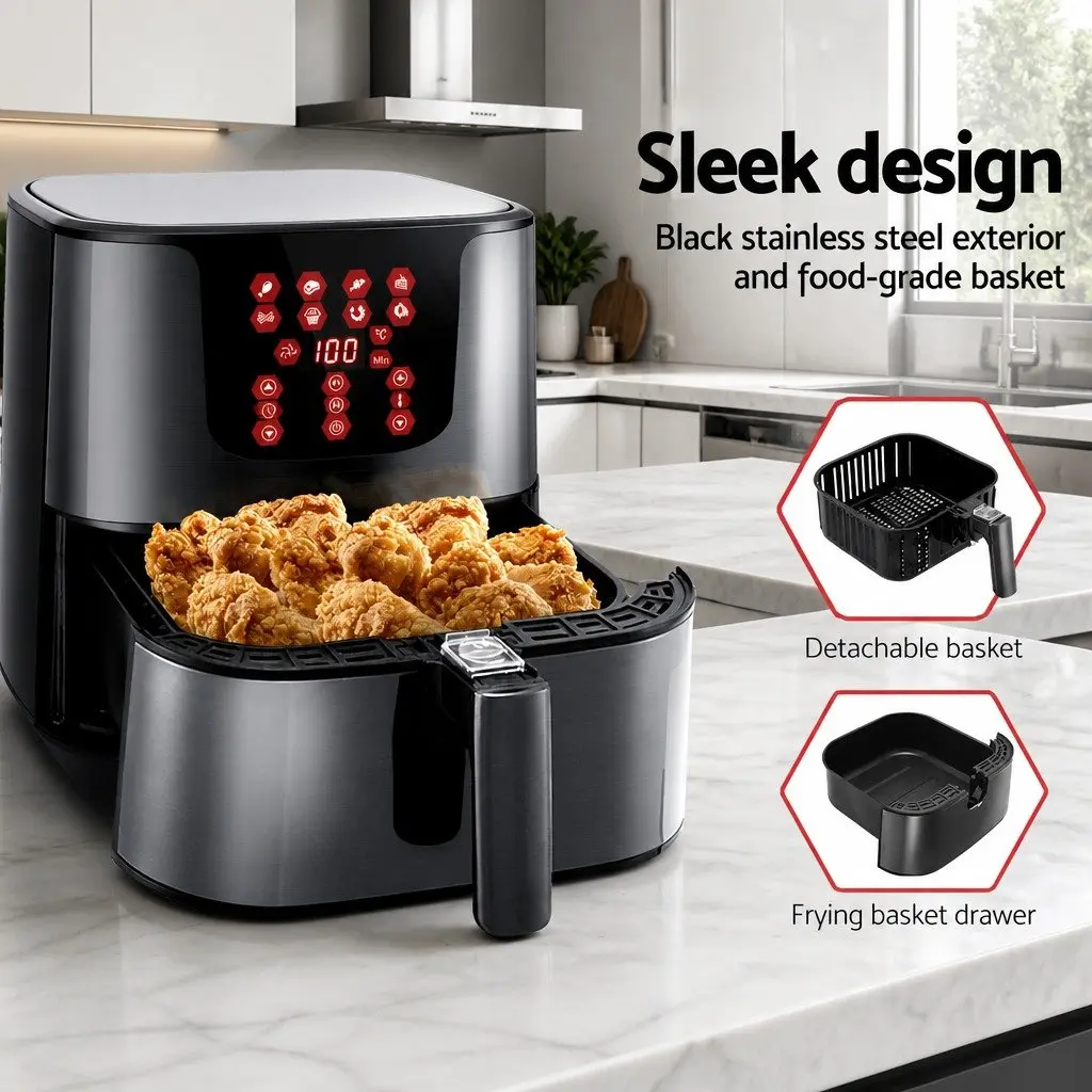 Air Fryer 7L Stainless Steel LCD Touch Control Black Kitchen Cooking