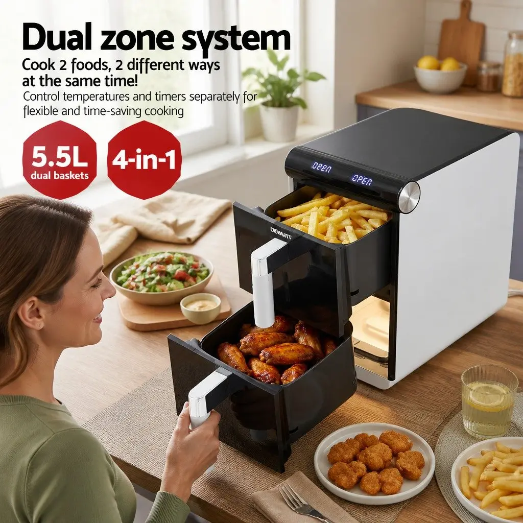 Air Fryer Oven Dual Zone 11L White Independent Baskets Dual Temperature Control