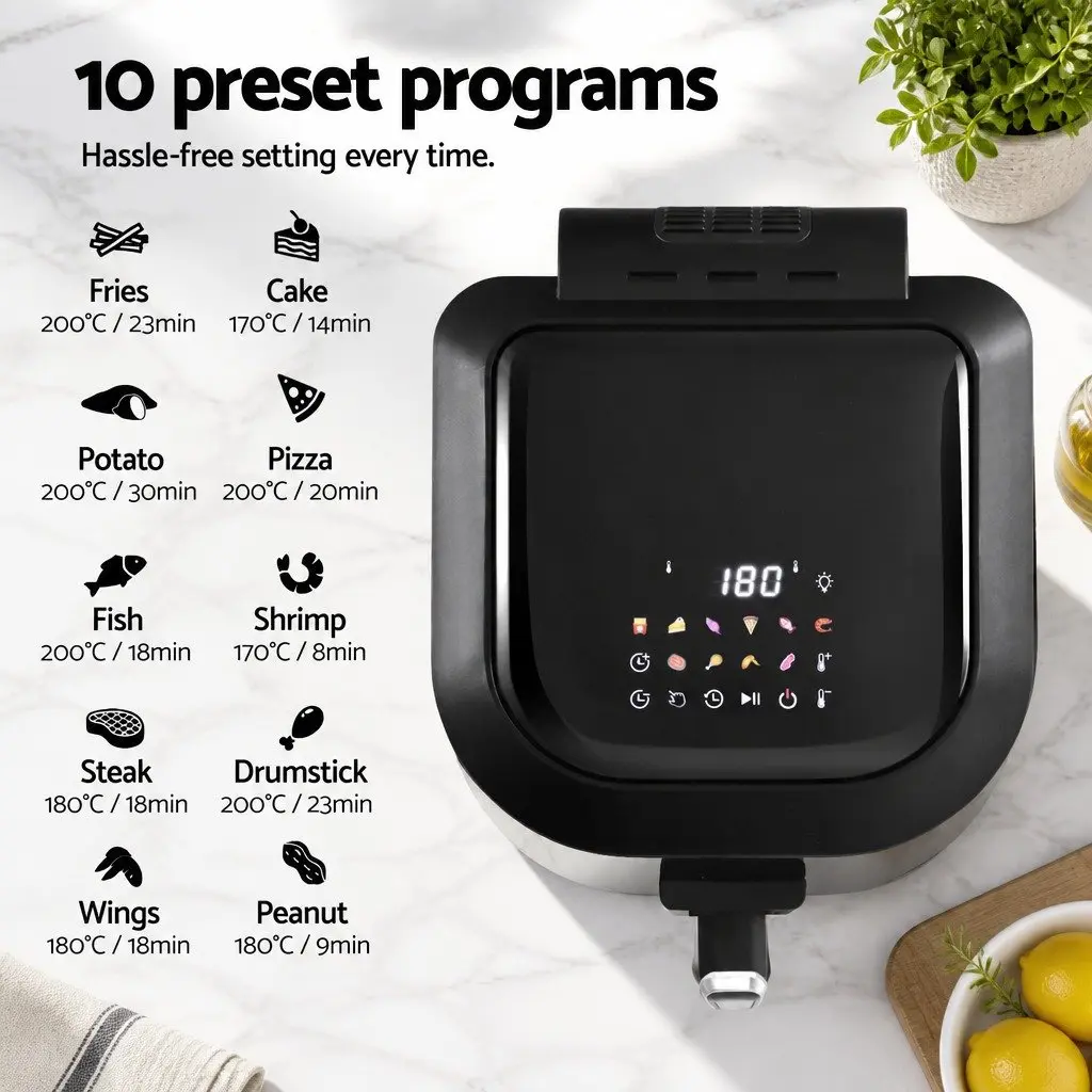 Air Fryer and Grill Stainless Steel 5.5L 1500W Touch Control Black Kitchen