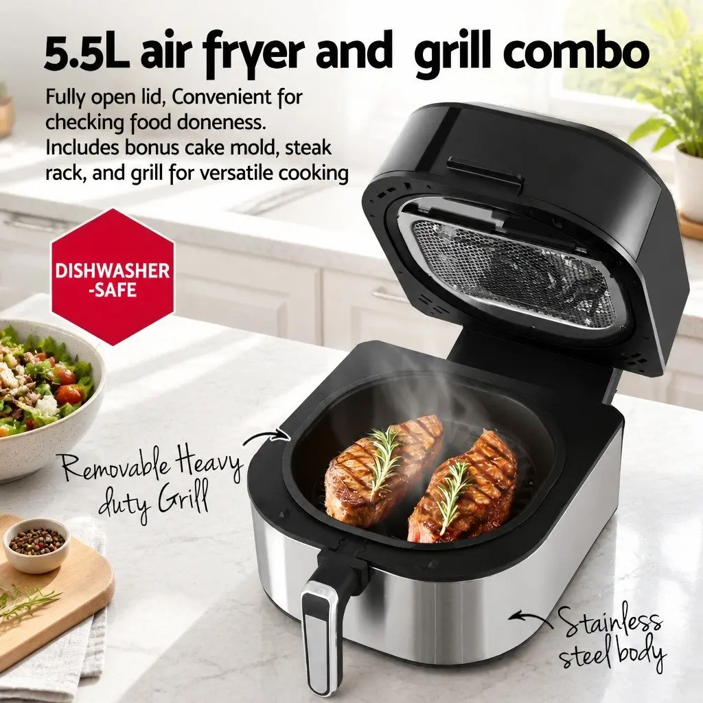 Air Fryer and Grill Stainless Steel 5.5L 1500W Touch Control Black Kitchen