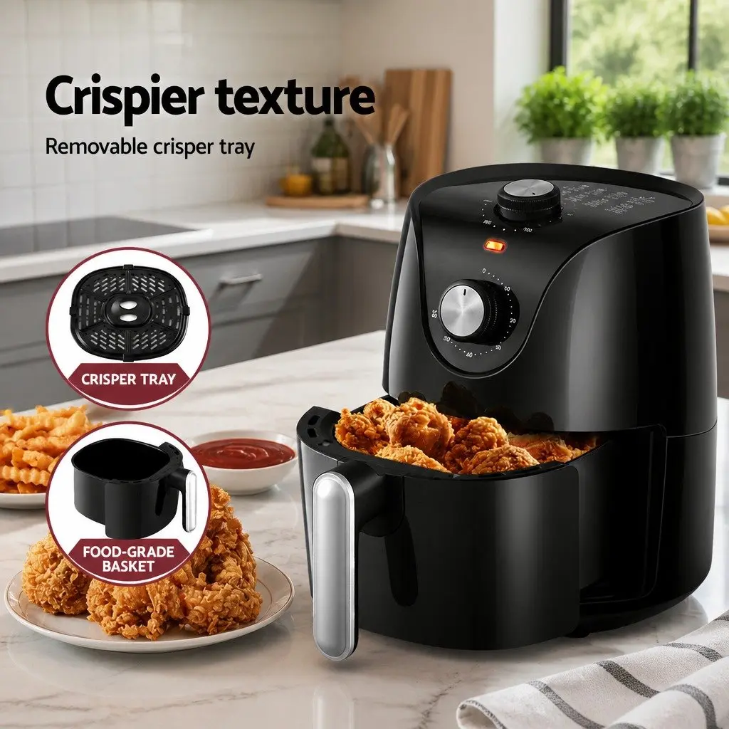 Air Fryer Black 2.5L Capacity Kitchen Appliance with Knob Control for Even Cooking