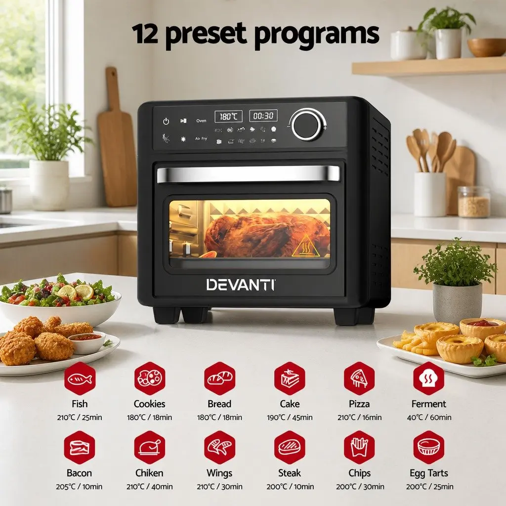 15L Air Fryer Oven Electric Black with LCD Touch Control 12 Preset Programs and 360 Degree Heat Circulation for Countertop Cooking