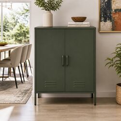 Green Metal Buffet Sideboard Storage Cabinet with Adjustable Shelves and Wall