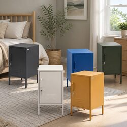 Bedside Table Metal Cabinet Blue Storage Locker with Shelf Hook and Lock