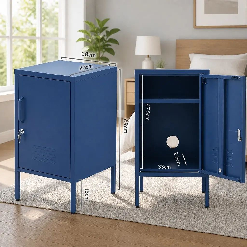Bedside Table Metal Cabinet Blue Cold Rolled Steel Storage Locker with Shelf and Hook