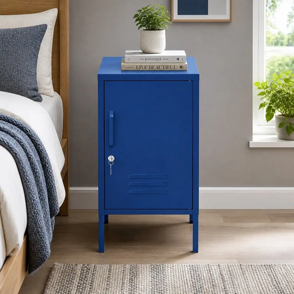 Bedside Table Metal Cabinet Blue Cold Rolled Steel Storage Locker with Shelf and Hook