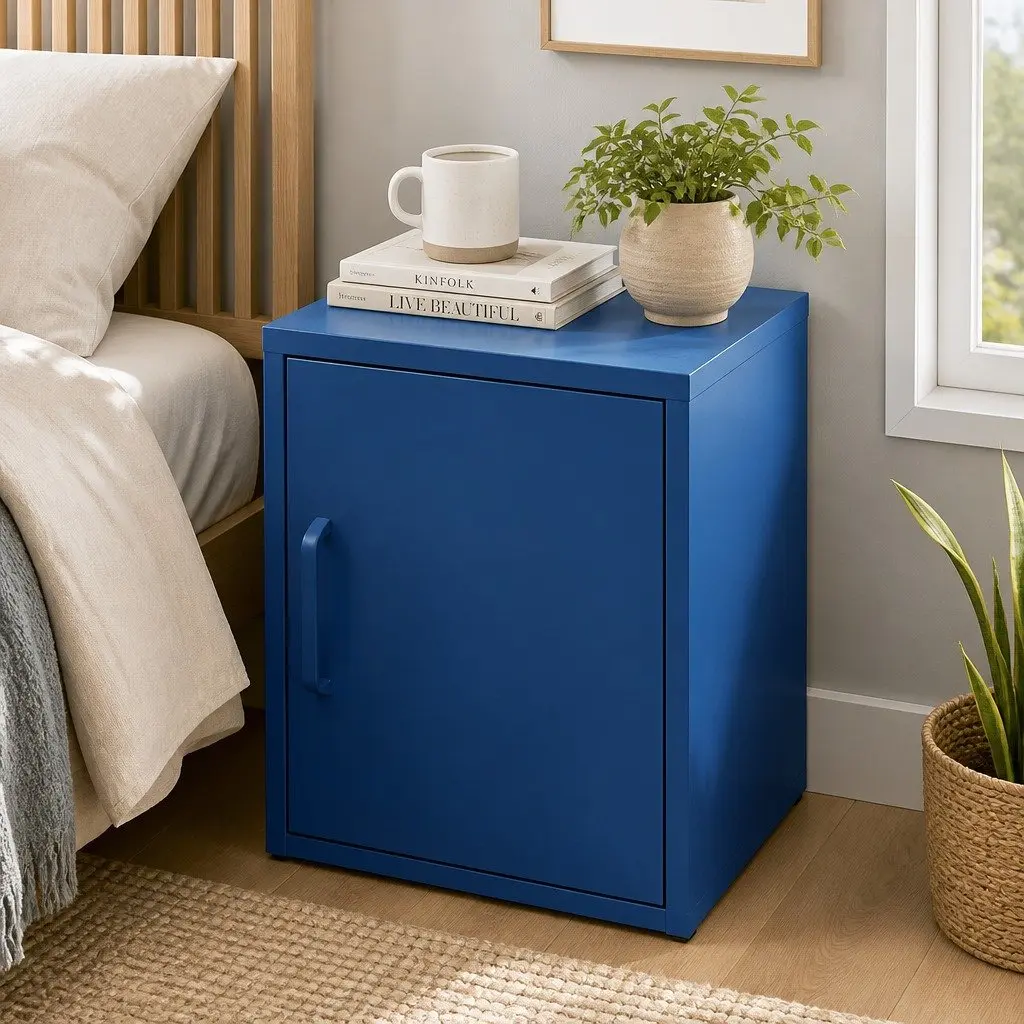 Bedside Table Metal Cabinet Blue Cold Rolled Steel Storage Locker with Shelf and Hook