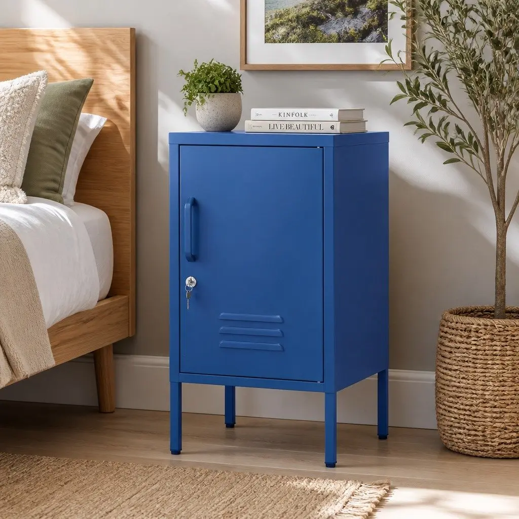 Bedside Table Metal Cabinet Blue Cold Rolled Steel Storage Locker with Shelf and Hook