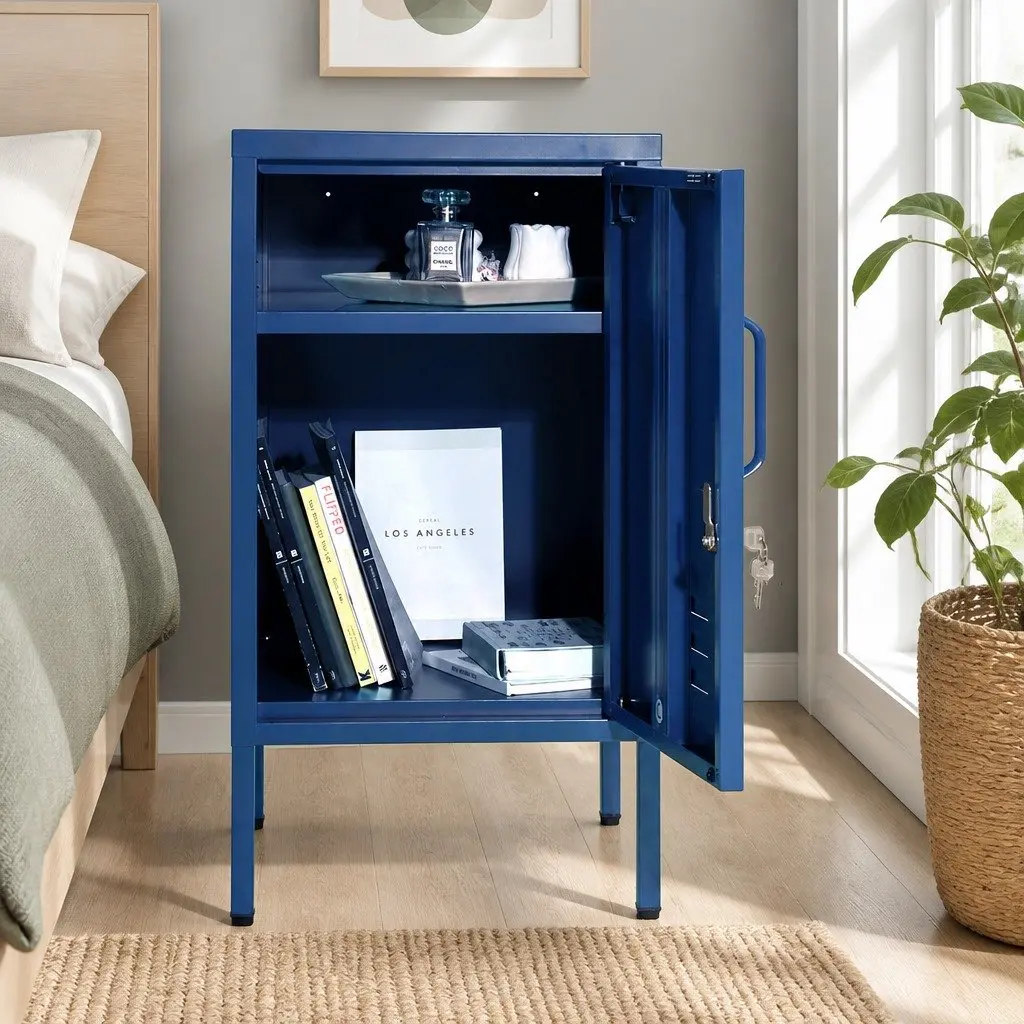 Bedside Table Metal Cabinet Blue Cold Rolled Steel Storage Locker with Shelf and Hook