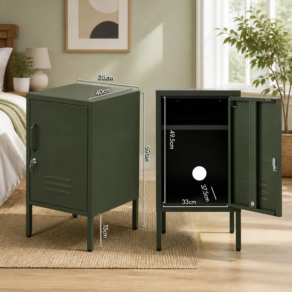 Metal Bedside Table Storage Locker Green Cold Rolled Steel with Shelf 38cm x 40cm x 69cm