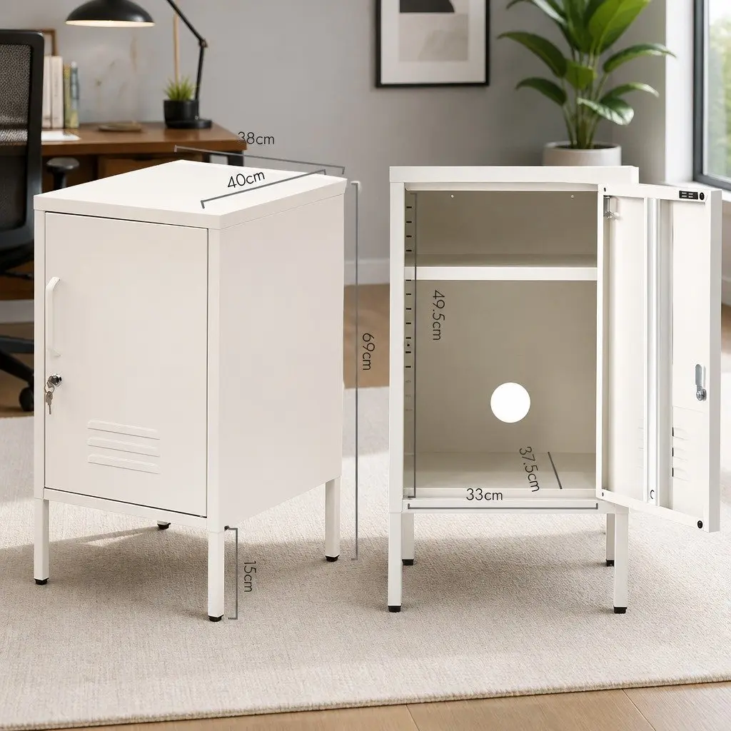 Metal Bedside Table Storage Locker Cold Rolled Steel White Compact with Shelf