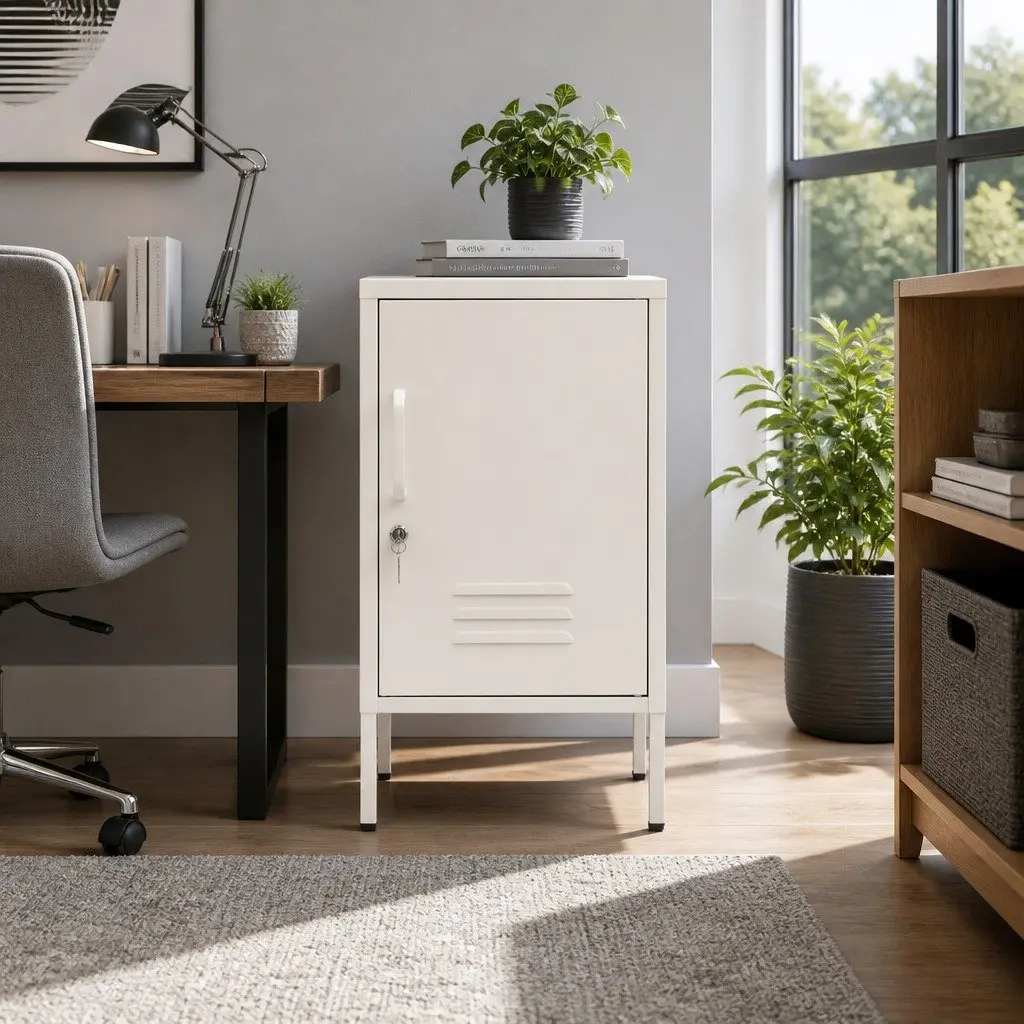 Metal Bedside Table Storage Locker Cold Rolled Steel White Compact with Shelf