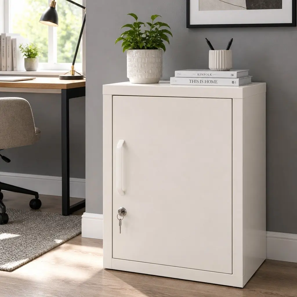 Metal Bedside Table Storage Locker Cold Rolled Steel White Compact with Shelf