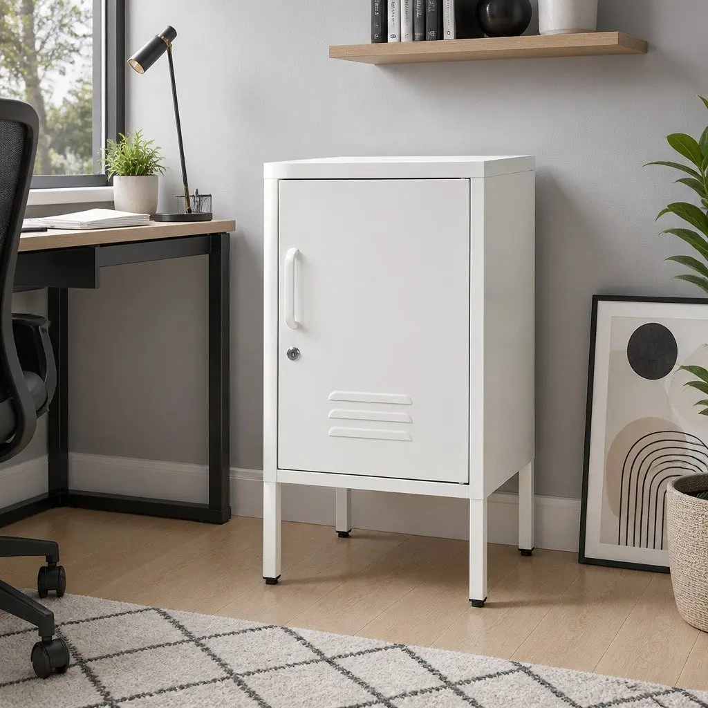 Metal Bedside Table Storage Locker Cold Rolled Steel White Compact with Shelf