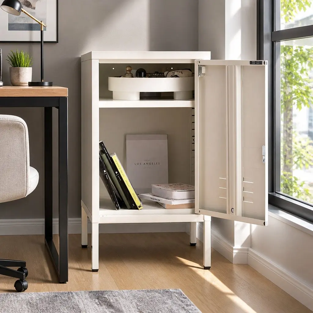 Metal Bedside Table Storage Locker Cold Rolled Steel White Compact with Shelf