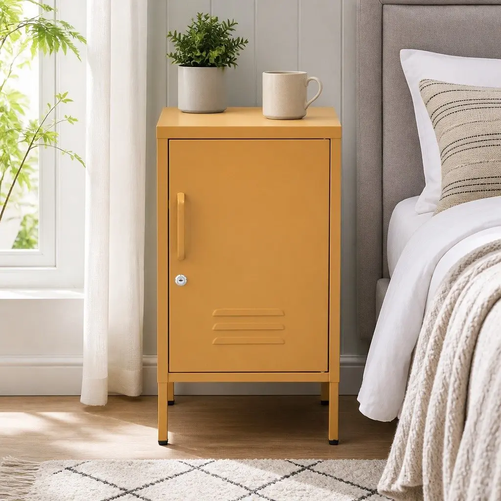 Metal Storage Cabinet Bedside Table with Lock Adjustable Shelf Cold Rolled Steel Yellow 38cm x 40cm x 69cm