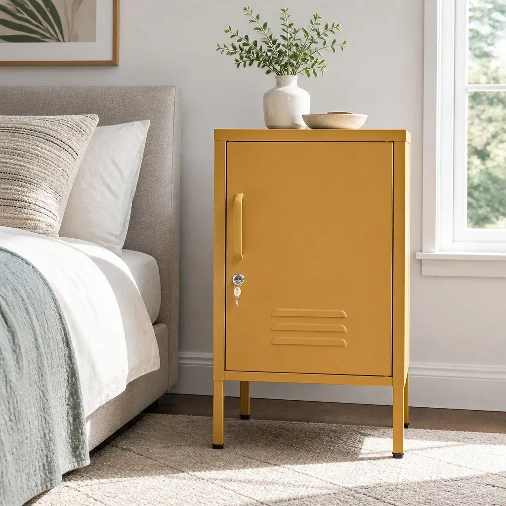 Metal Storage Cabinet Bedside Table with Lock Adjustable Shelf Cold Rolled Steel Yellow 38cm x 40cm x 69cm