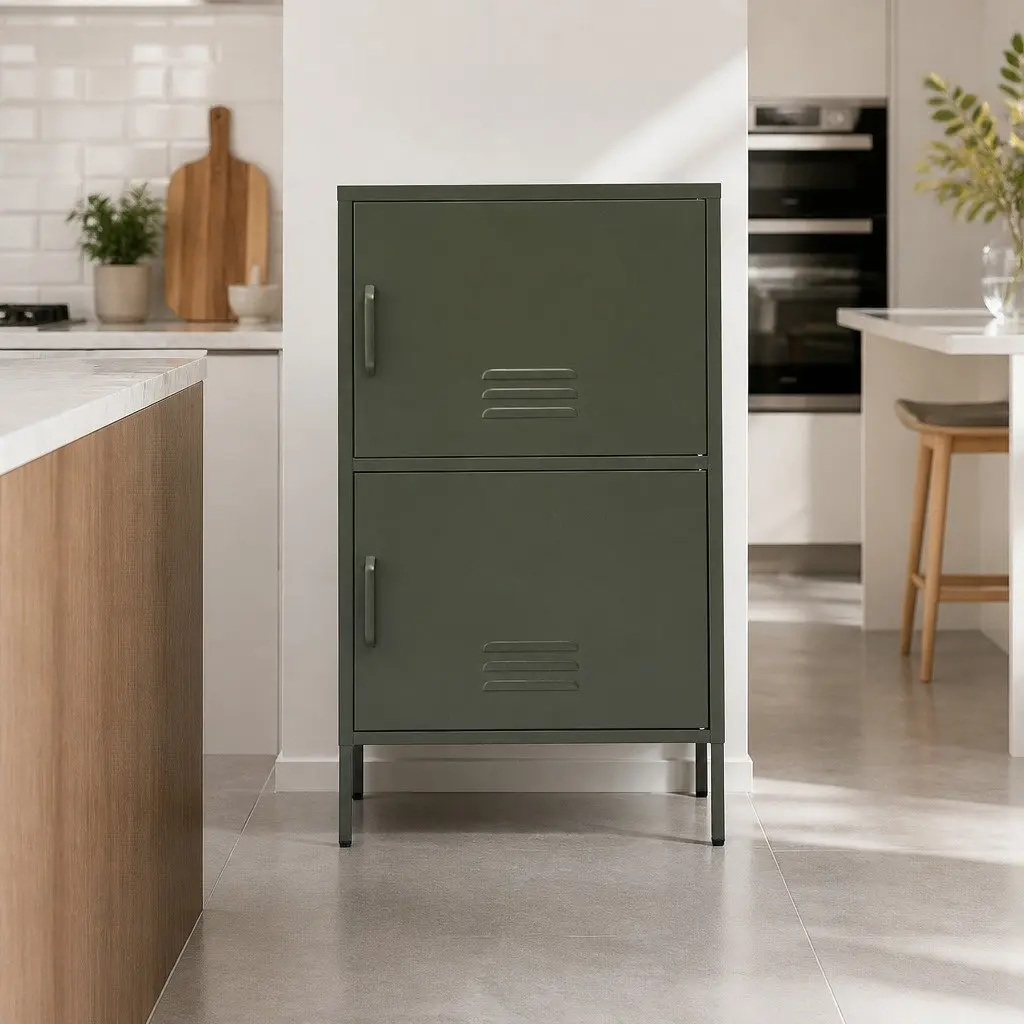 Green Metal Buffet Sideboard Cabinet Storage Dining Room Furniture Double Shelf