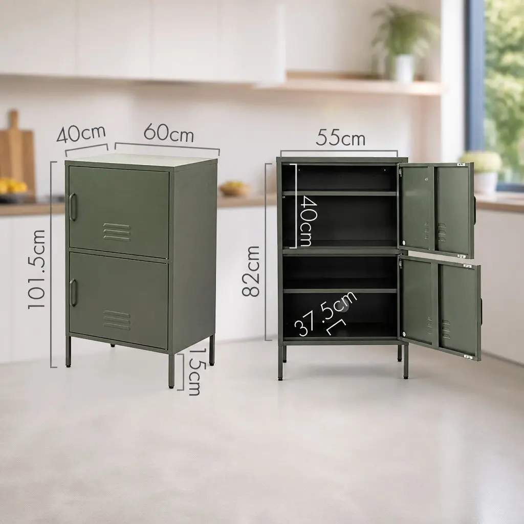 Green Metal Sideboard Cabinet Storage Dining Room Double Shelf 60cm W x 40cm D x 101.5cm H