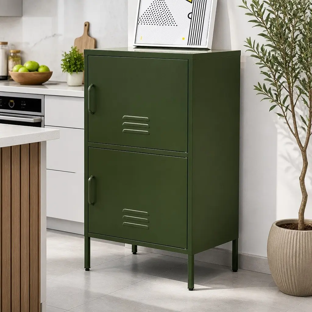 Green Metal Sideboard Cabinet Storage Dining Room Double Shelf 60cm W x 40cm D x 101.5cm H