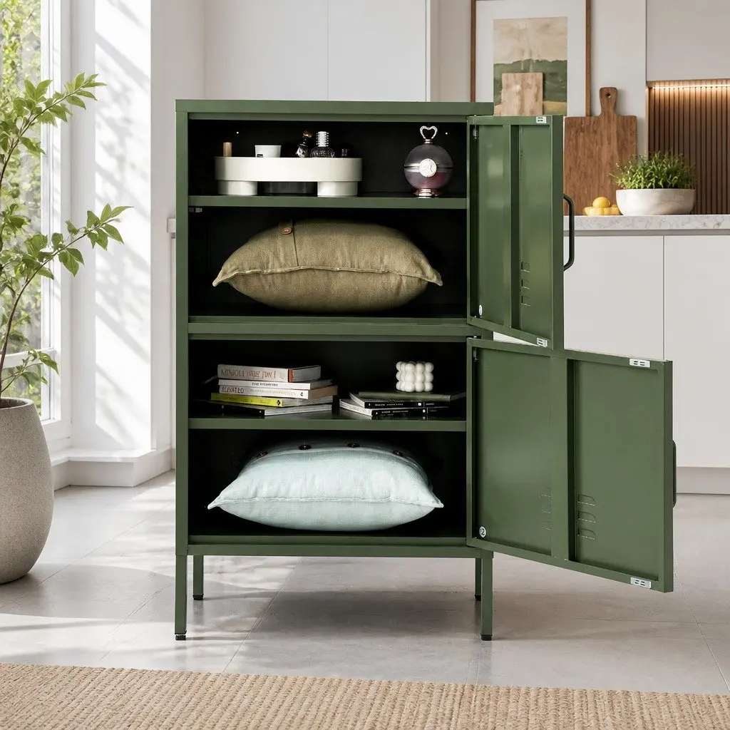 Green Metal Sideboard Cabinet Storage Dining Room Double Shelf 60cm W x 40cm D x 101.5cm H