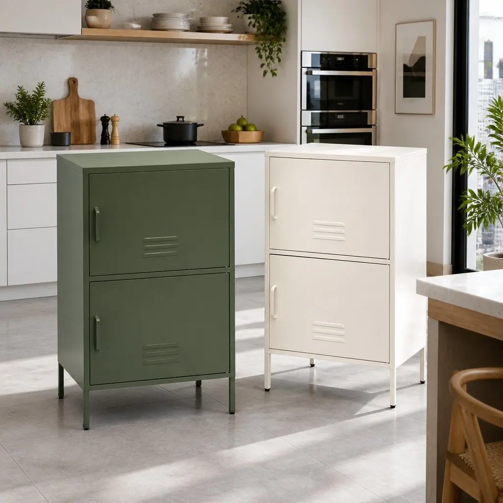 Green Metal Sideboard Cabinet Storage Dining Room Double Shelf 60cm W x 40cm D x 101.5cm H