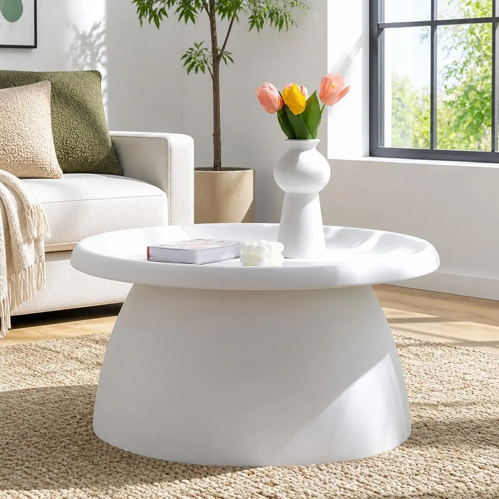 Round White Coffee Table 71CM Pedestal Base Easy to Clean Living Room Furniture