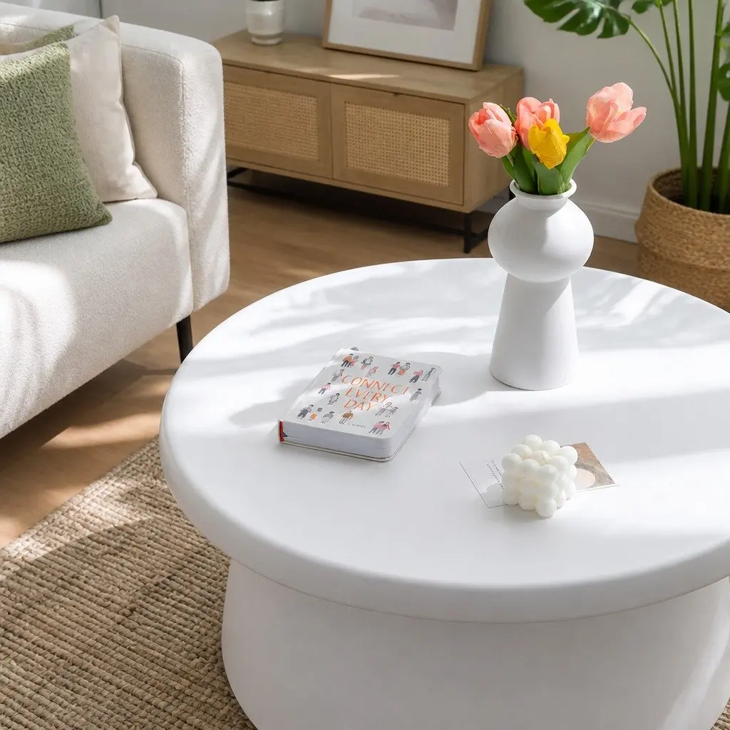Round White Coffee Table 71CM Pedestal Base Easy to Clean Living Room Furniture