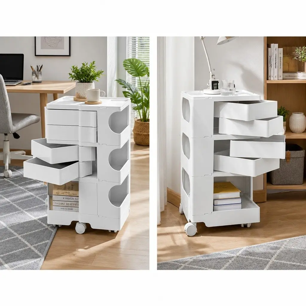 White Storage Trolley Cart with Folded Shelves Multi-Tier Organizer for Kitchen Bedroom and Living Spaces