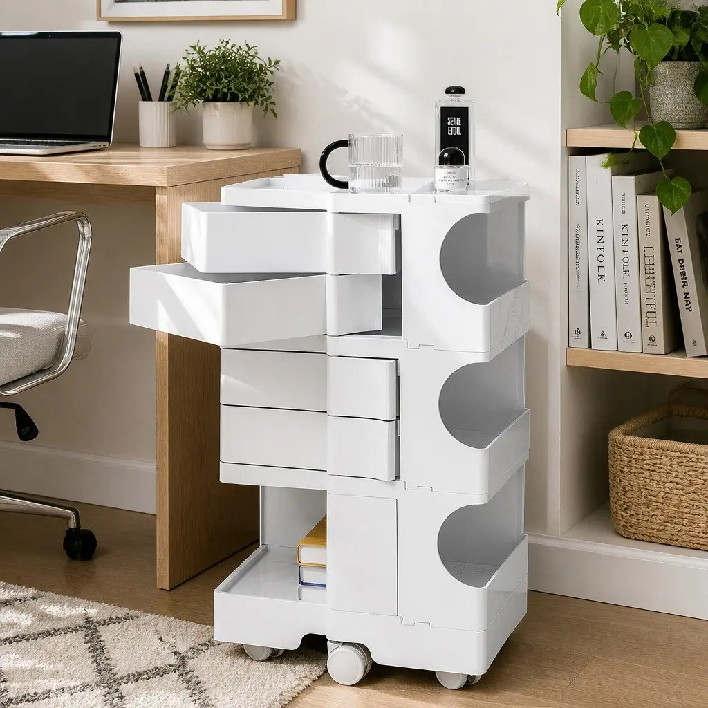White Storage Trolley Cart with Folded Shelves Multi-Tier Organizer for Kitchen Bedroom and Living Spaces