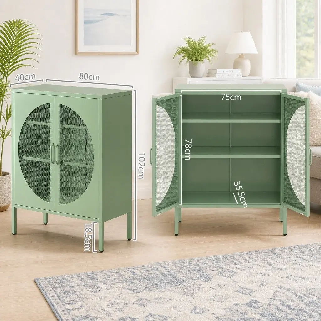 Buffet Sideboard Cabinet Cold Rolled Steel 80cm x 40cm x 102cm Light Green 2-Door Storage Mesh Doors